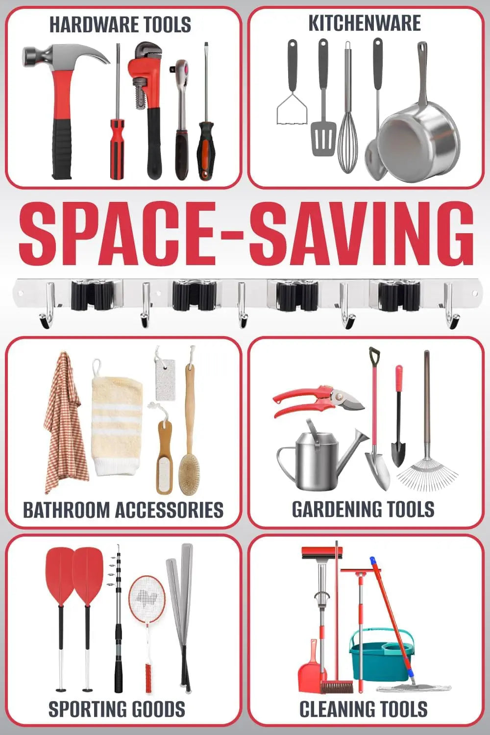 Stainless Steel Mop & Broom Holder Wall Mount – 5-Rack 4-Hook Organizer, Rust-Resistant, Space-Saving for Garage, Kitchen, Laund