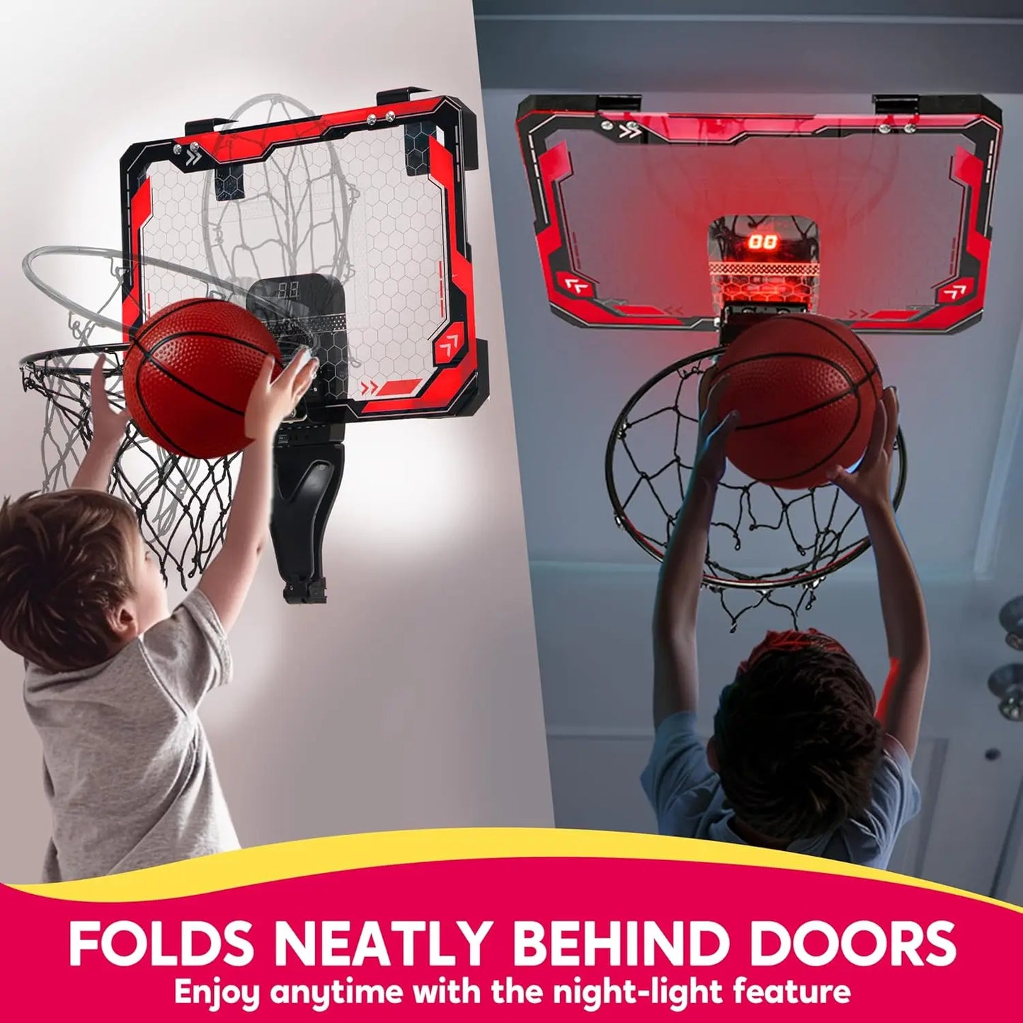 Joyfy Mini Indoor Basketball Hoop With LED Scoreboard Over The Door Set Includes 4 Balls