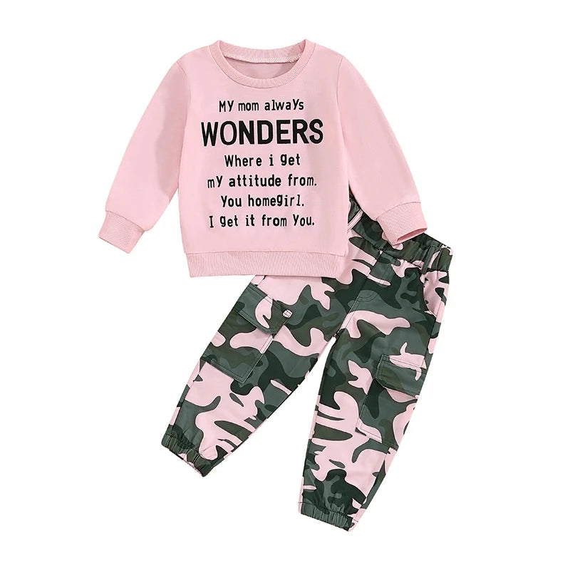 Pudcoco Girls TwoPiece AutumnOutfit LongSleeve ONeck CamouflagePants LetterPrint EverydayWear