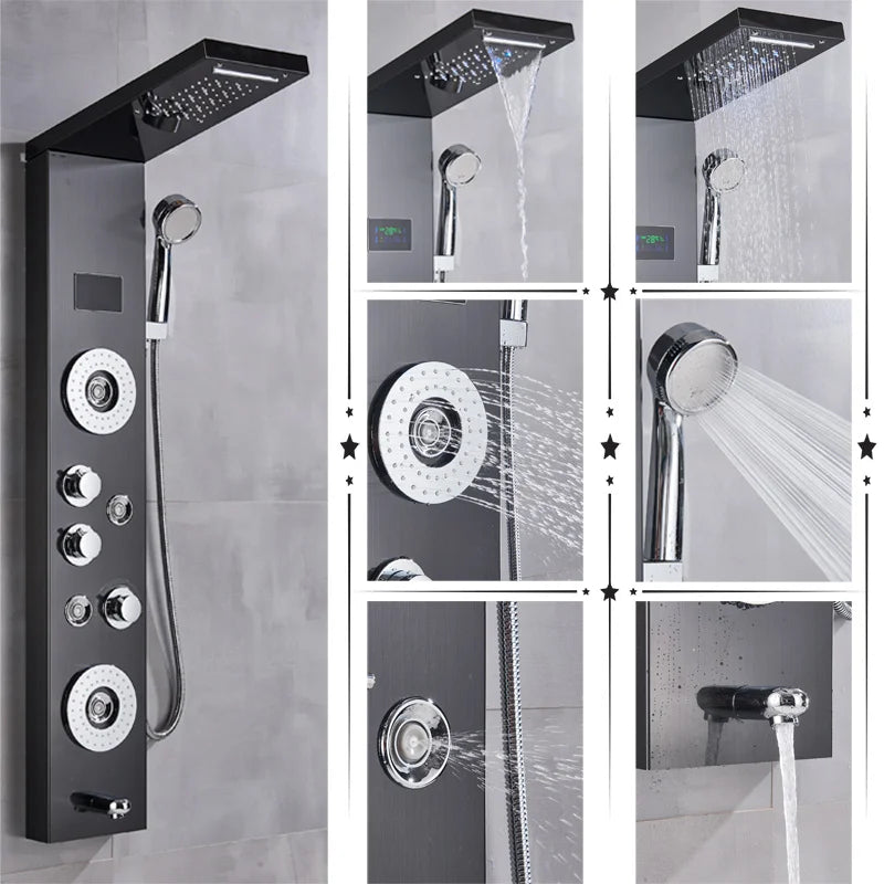 Uythner HighIntensityLED Shower Panel System With Rainfall Massage Temperature Display