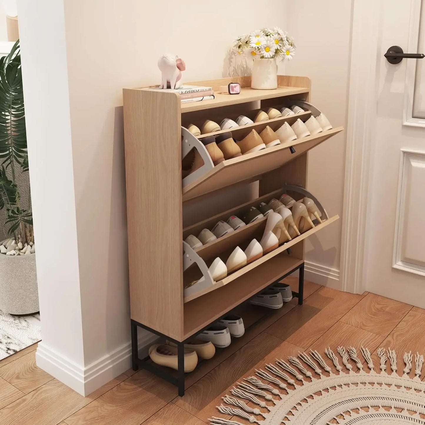 Freestanding Narrow Shoe Cabinet With 2 Flip Drawers