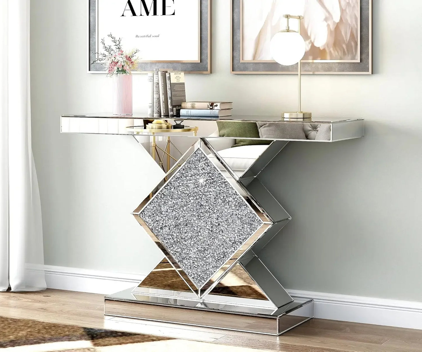 SHYFOY CrystalAccented Mirrored Console Table Diamond Shaped Narrow Sofa LuxuriouslyCrafted
