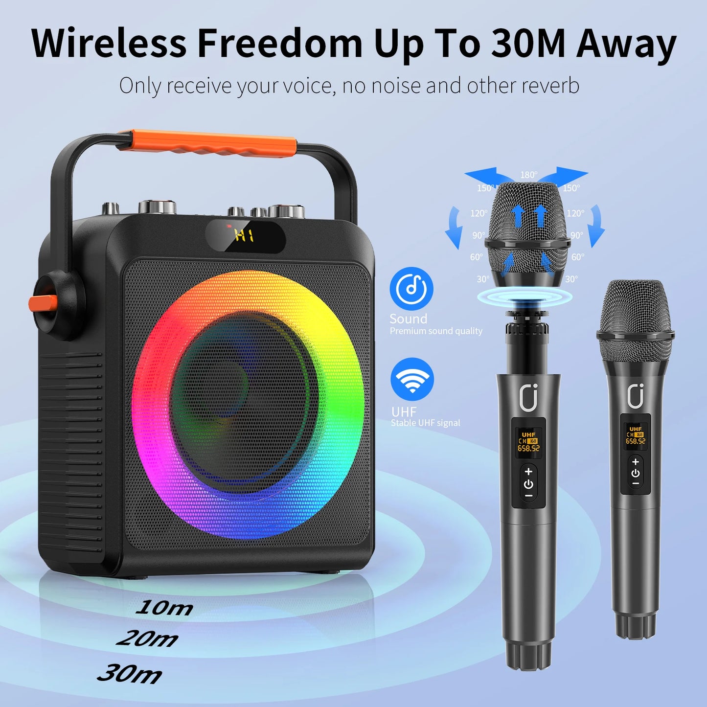 2 Wireless Microphones T19-T Karaoke Machine | Black Karaoke Speaker With Treble/Bass Adjustment, Wireless Speaker PA System