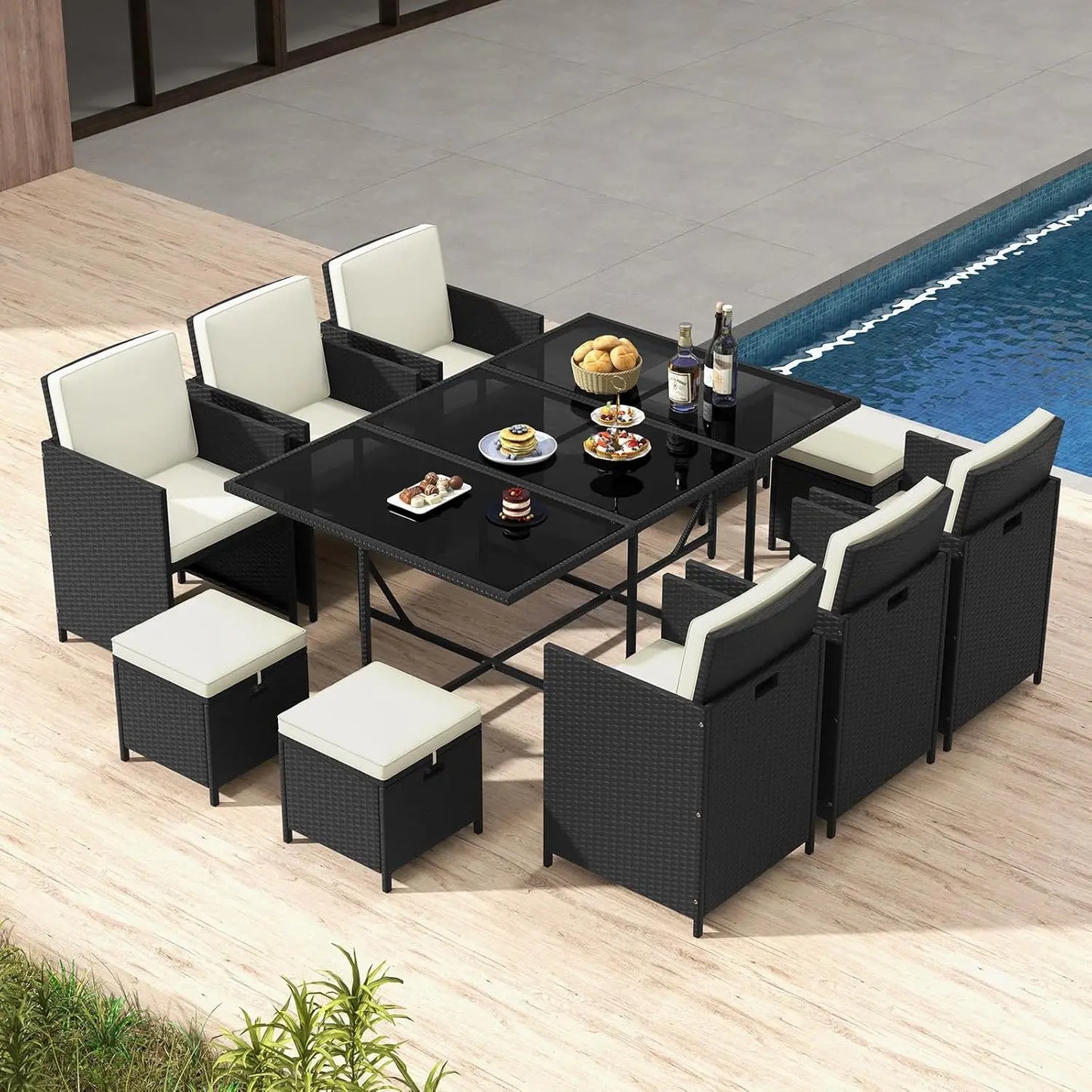 11 Pieces Patio Dining Set With Space Saving Wicker Chairs Ottomans And Tempered Glass Table