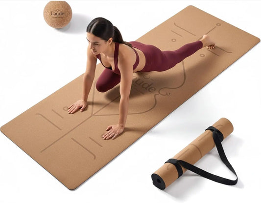 Eco-Friendly Cork Yoga Mat Set with Non-Slip Grip, Thick Cushioning, and Alignment Lines for Comfortable Workouts