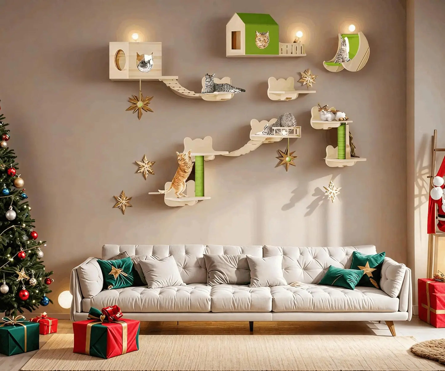 Solid Wood Cat Wall Shelves Set with Climbing Perches, Steps, Bridge Ladder and Scratching Posts for Large Cats