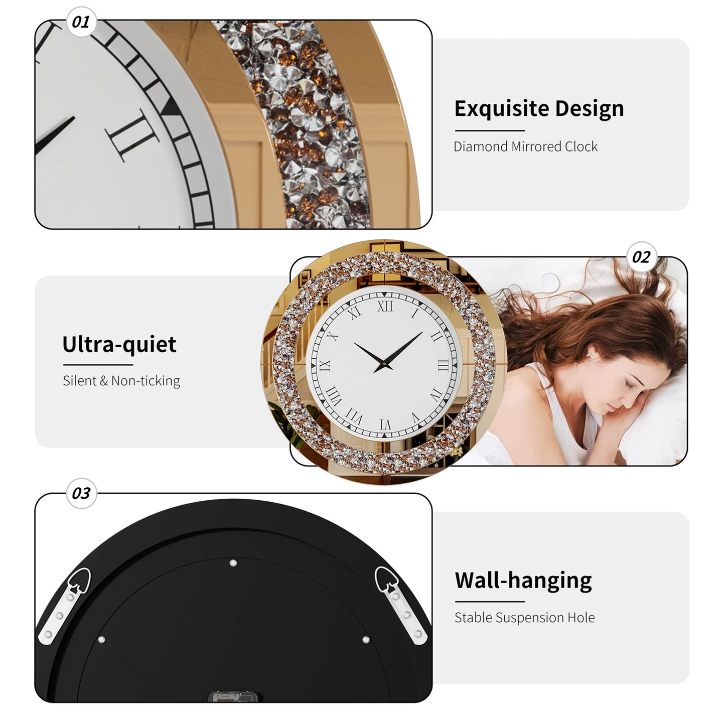 Glam Sparkle Mirrored Wall Clock for Home Decor With Shiny Mirror Finish Accent Detail