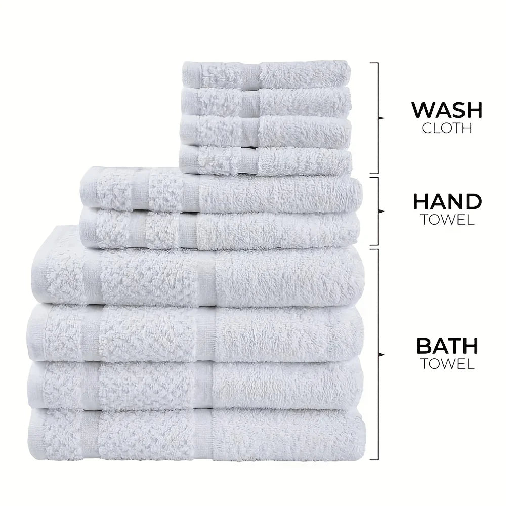 Cotton Polyester Bath Towel Set 10 Pieces Quick Dry Absorbent Towels Washcloths Essentials
