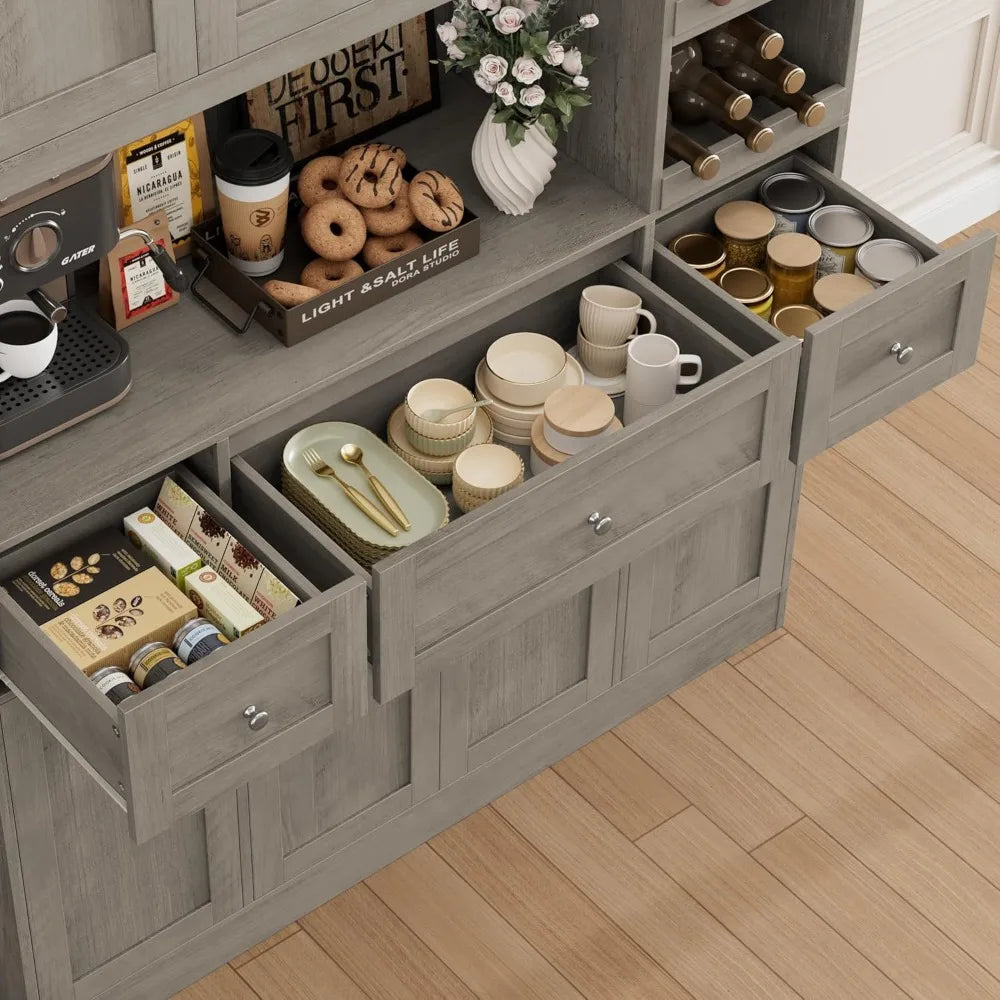 72" Tall Kitchen Pantry Storage Cabinet with Wine Rack, Large Pantry Cabinet with Microwave Stand, Modern Kitchen Hutch for Dini