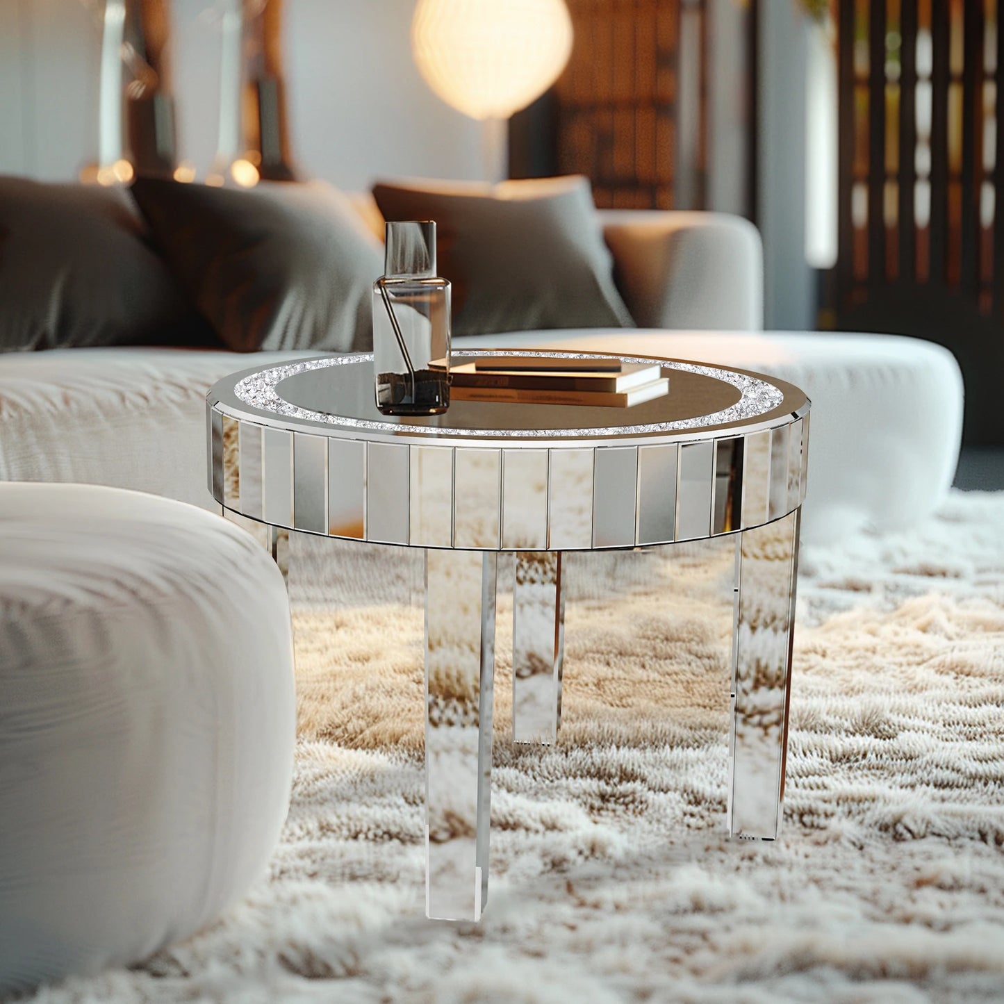 LUVODI Luxurious Round Bejeweled Mirrored Nightstand With Crystal Inlay Detailing