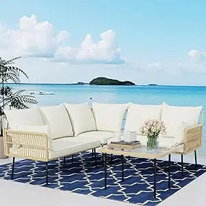 Outdoor Patio Furniture Set Wicker Sectional Sofa Boho Conversation With Tempered Glass Table