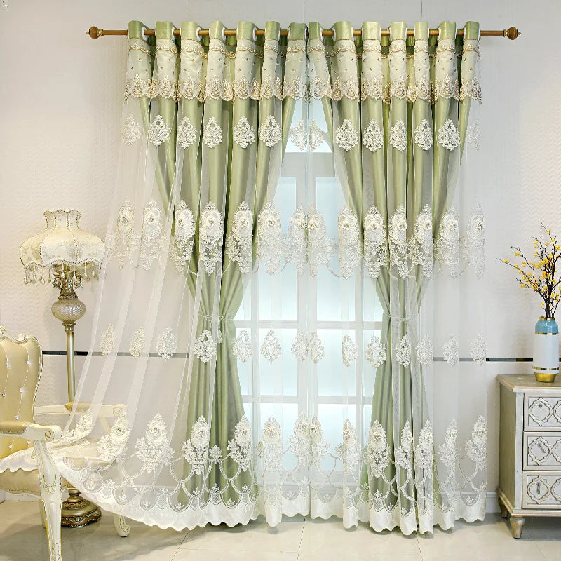 Double Layer Blackout Curtains With Embossed Base And 3D Embroidered Detailing In Polyester For Bedroom And Living Room