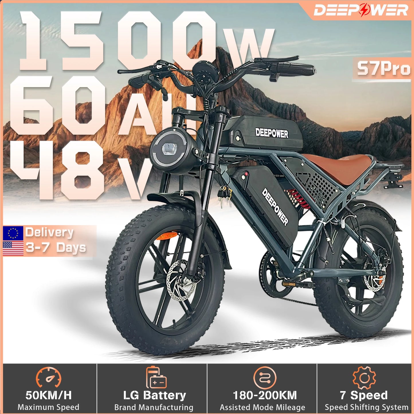 DEEPOWER S7Pro Off Road Electric Bike 1500W 48V LG Battery