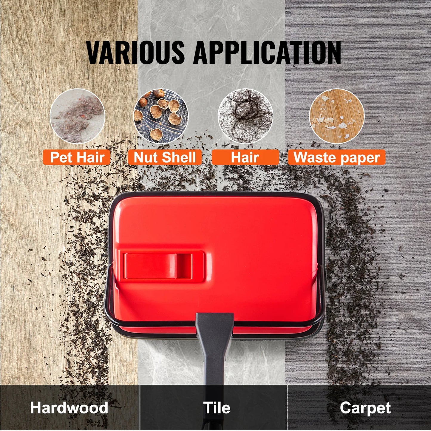 VEVOR Carpet Sweeper Manual Floor Sweeper w/ 300ml Dustbin Capacity 6.7 in Cleaning Width for Home Office Carpets Pet Hair Dust
