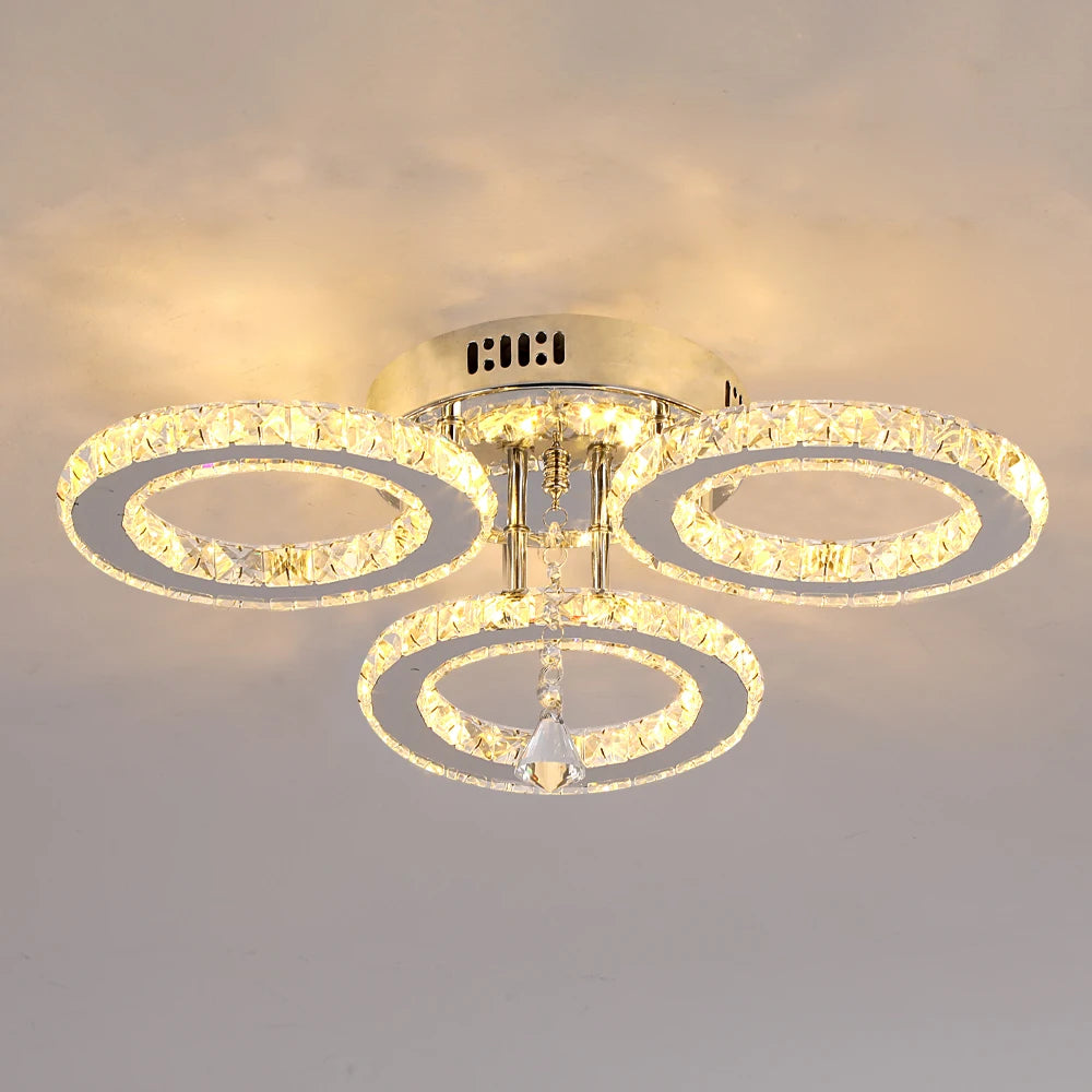 GreeLustr Crystal Chandelier Ceiling Lamp 3 Rings Chrome Pendant Light Modern Flush Mount for Bedroom