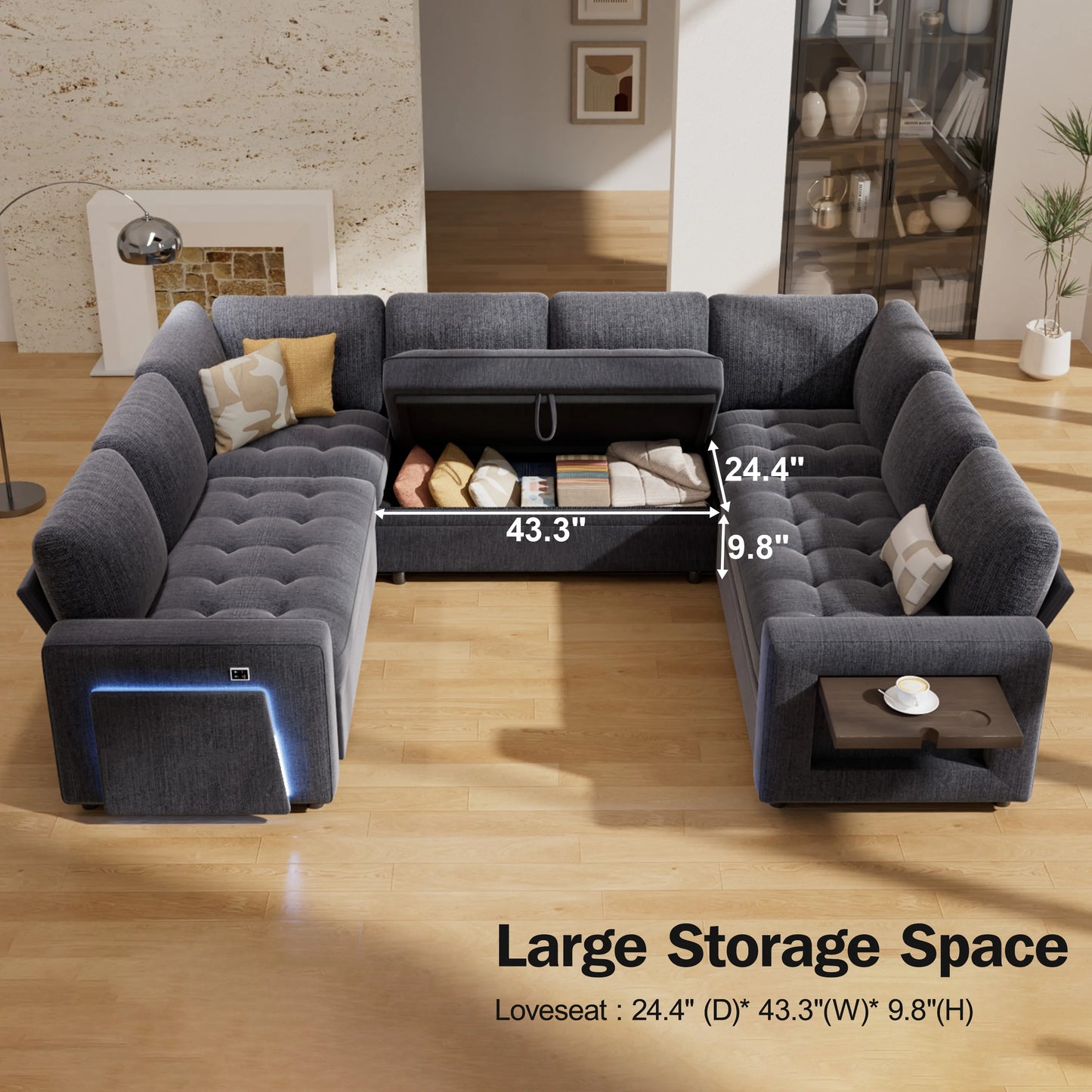 U Shaped Modular Sectional Sofa With Pull Out Bed Reclining Backrest USB Ports LED Light Storage