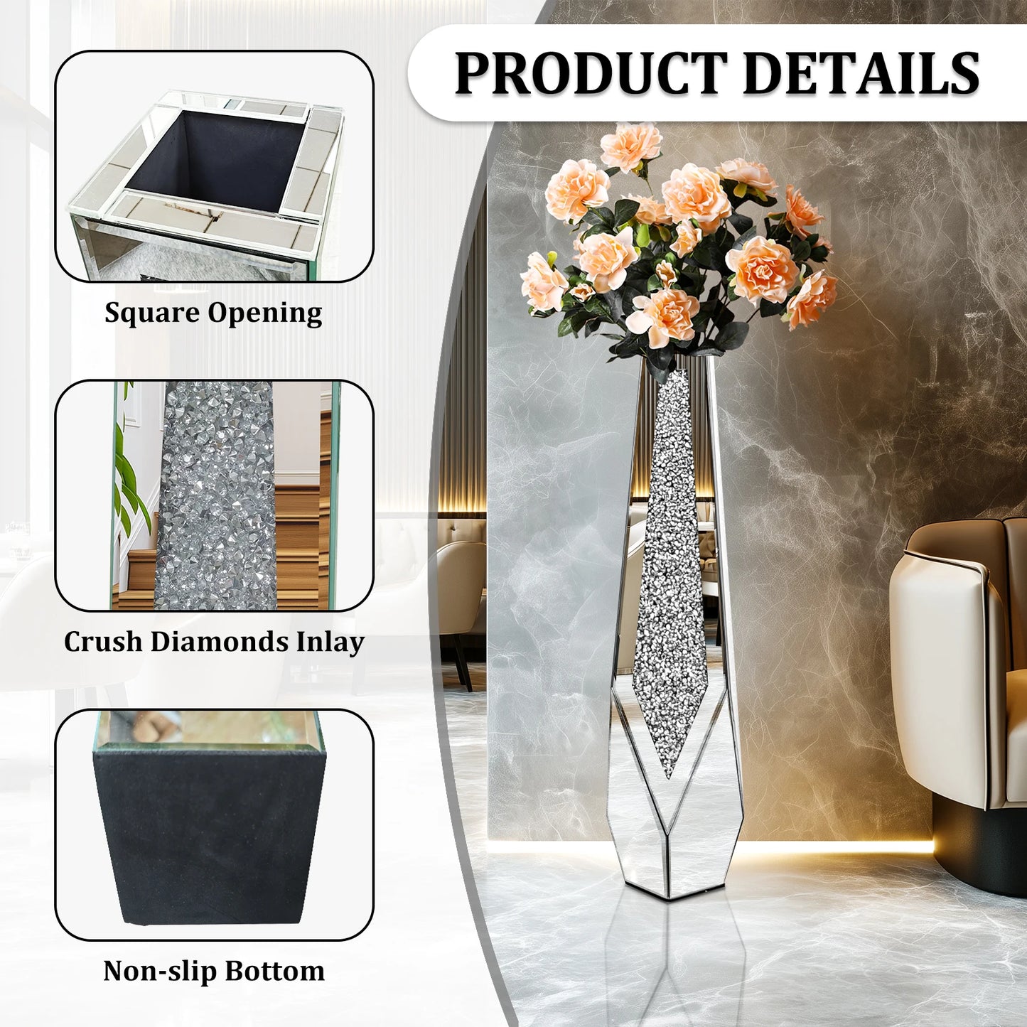 Floor Vase With Crushed Diamond Mirror Glass For Modern Crystal Centerpiece And Decor
