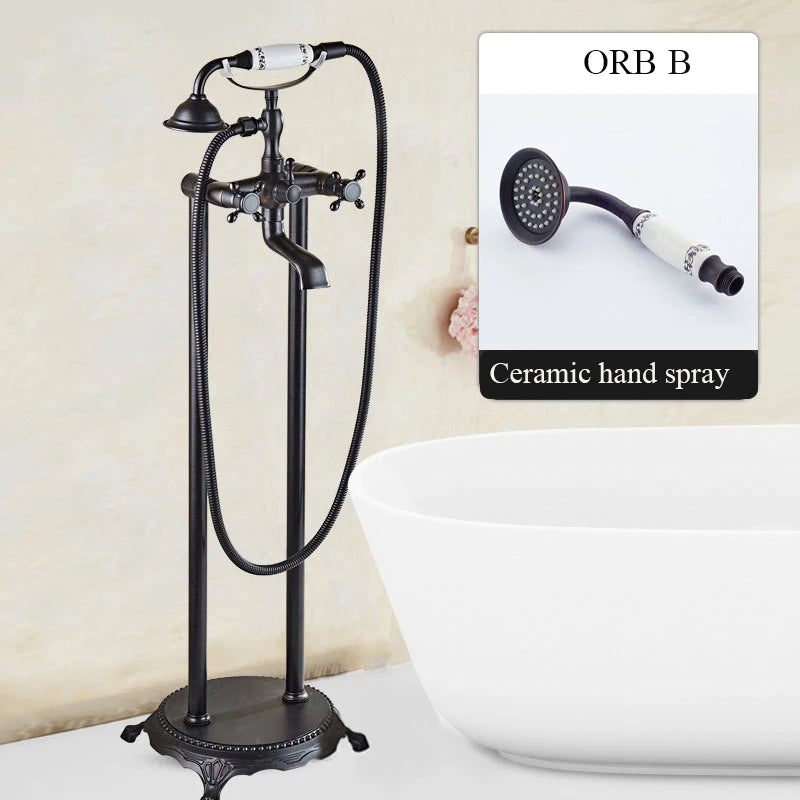 ALENARTWATER Brass Antique Bathroom Faucet Set With 360 Rotation Floor Stand Telephone Hand Shower