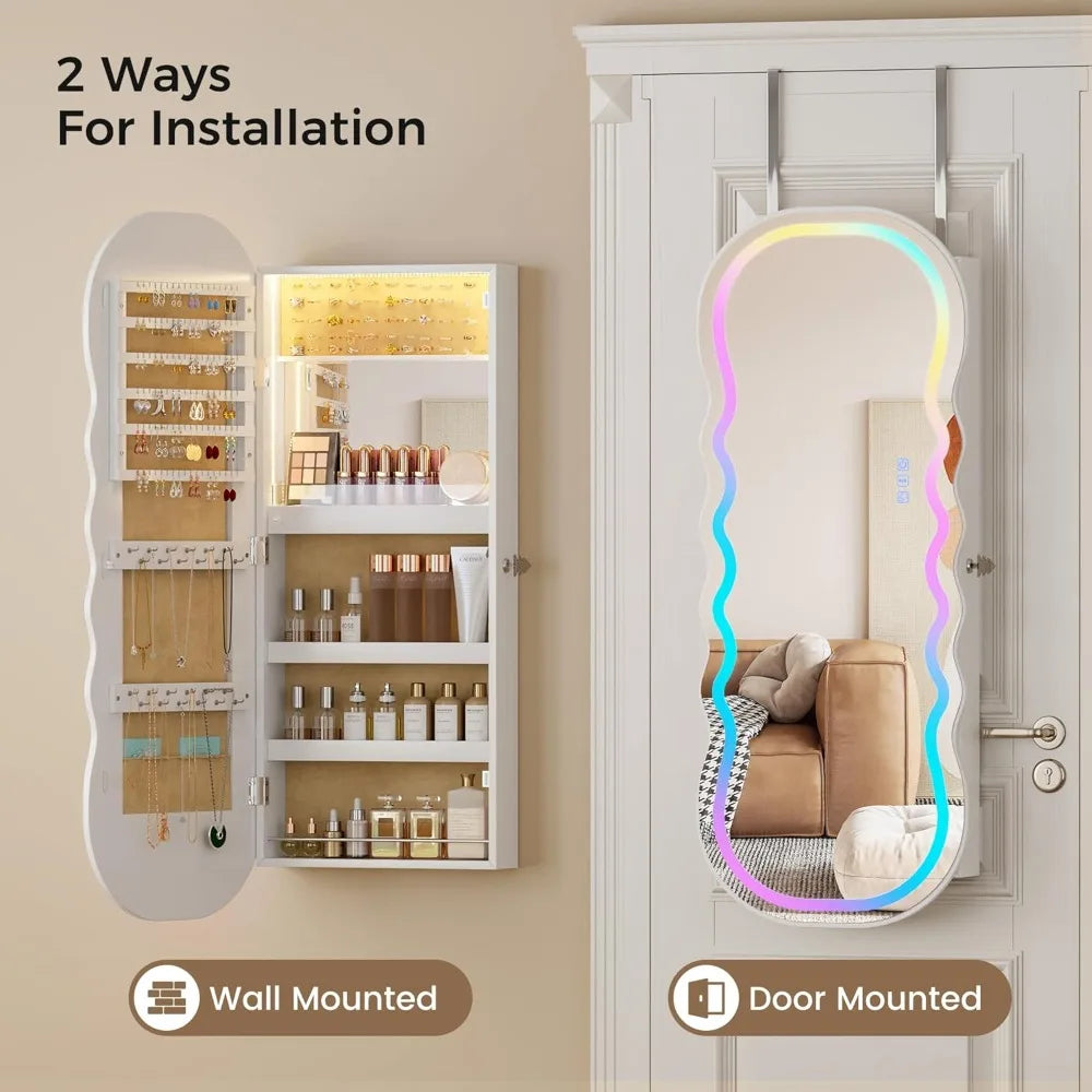 RGB Lighted Mirror Jewelry Cabinet Wall Or Door Mount Storage