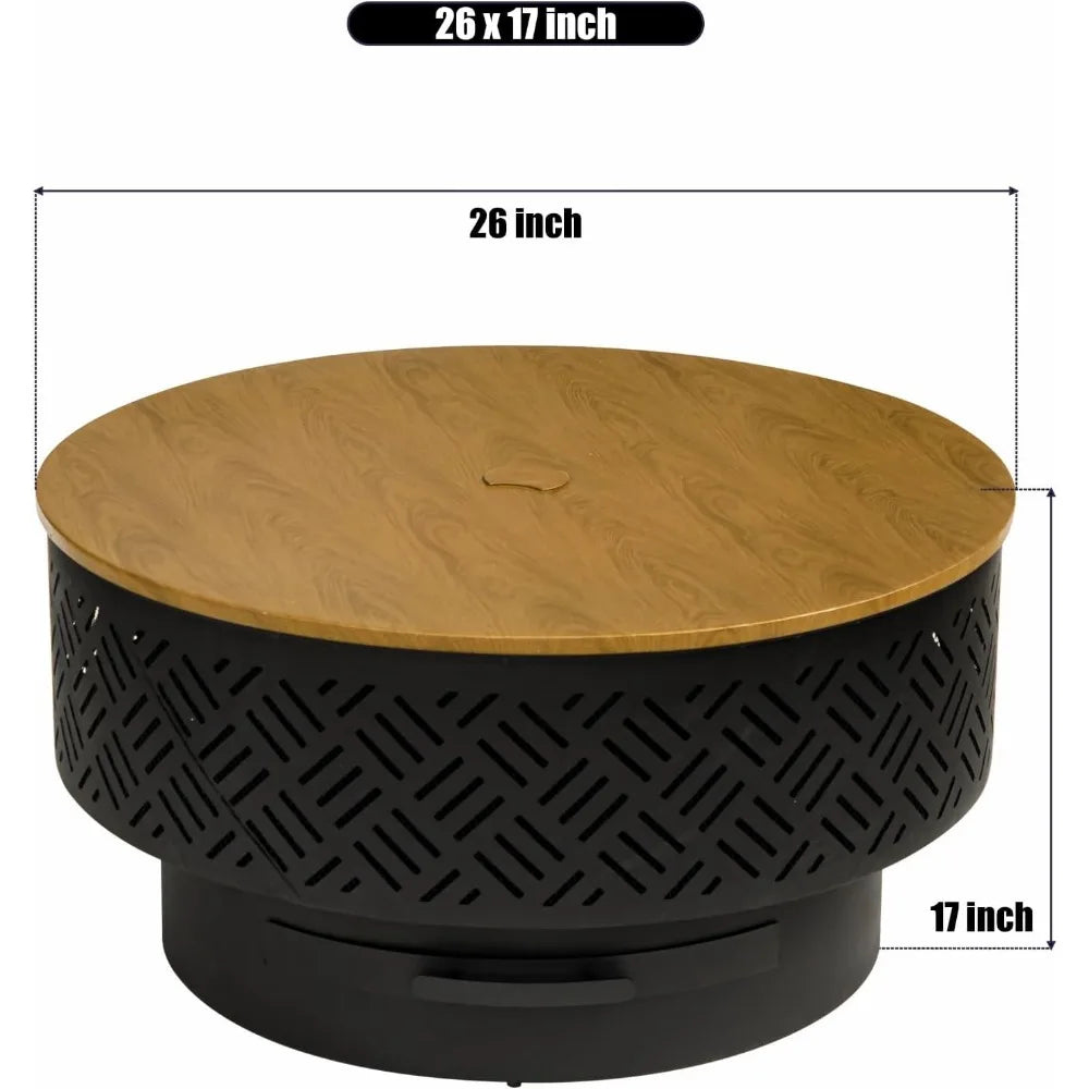 Wood Burning Fire Pit Table for Outdoors with Grill Lid Waterproof Cover Included