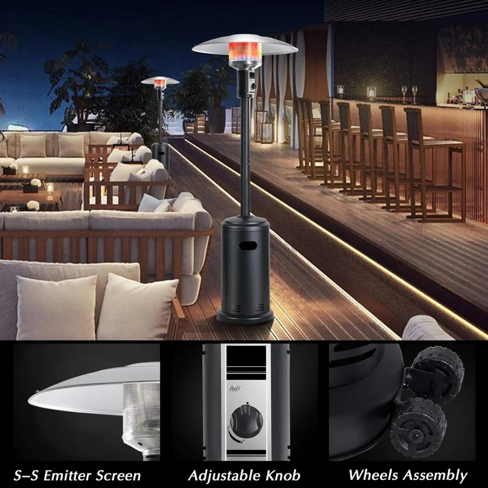 Patio Heater Outdoor Gas Powered Tower Style With Wheels For Mobility And Outdoor Use