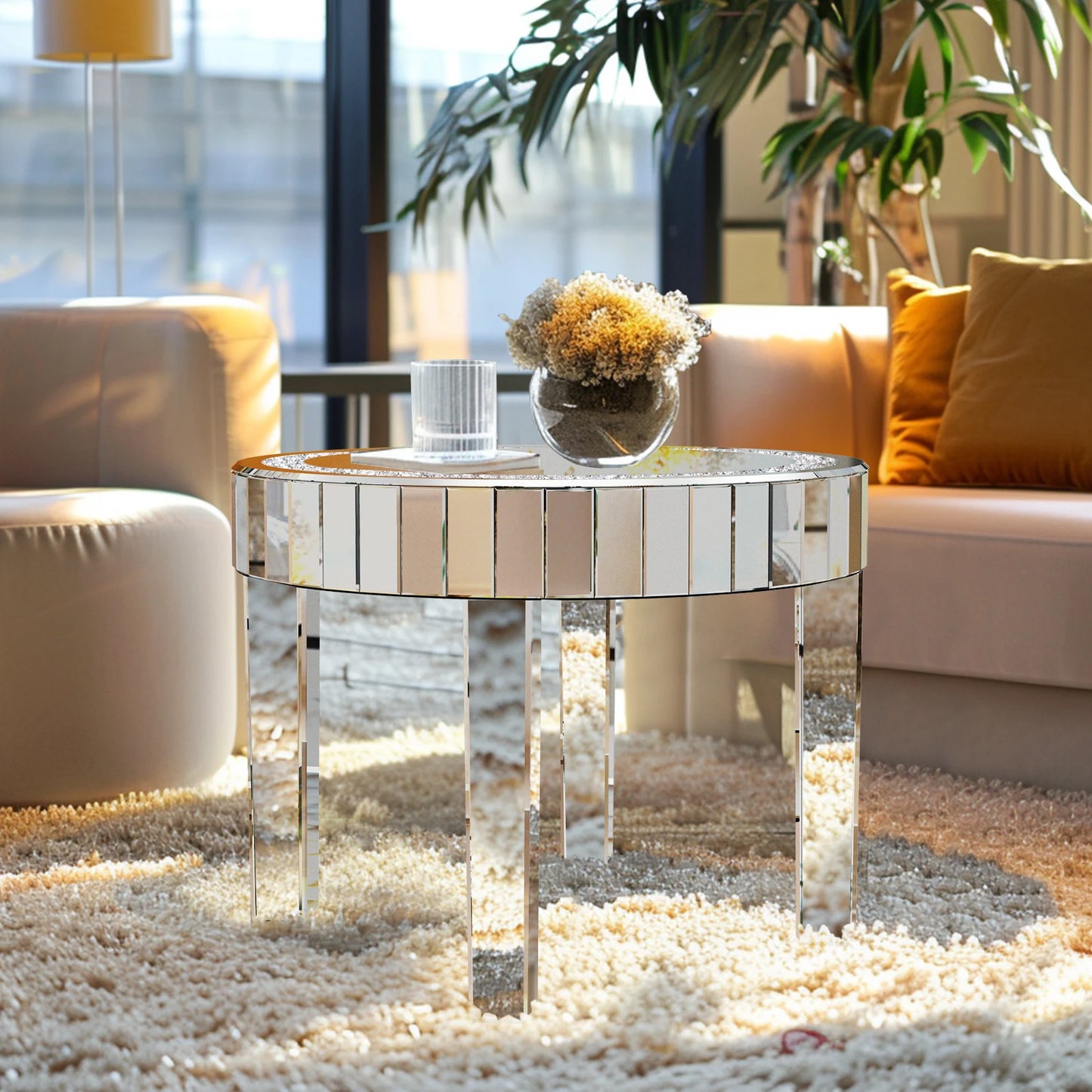 LUVODI Luxurious Round Bejeweled Mirrored Nightstand With Crystal Inlay Detailing