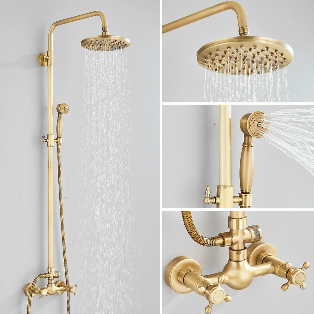 Quyanre Antique Brass Shower Faucets Set Wall Mount Dual Knobs