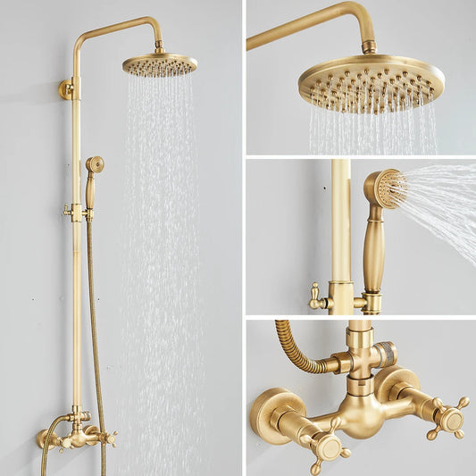 Quyanre Antique Brass Shower Faucets Set Wall Mount Dual Knobs