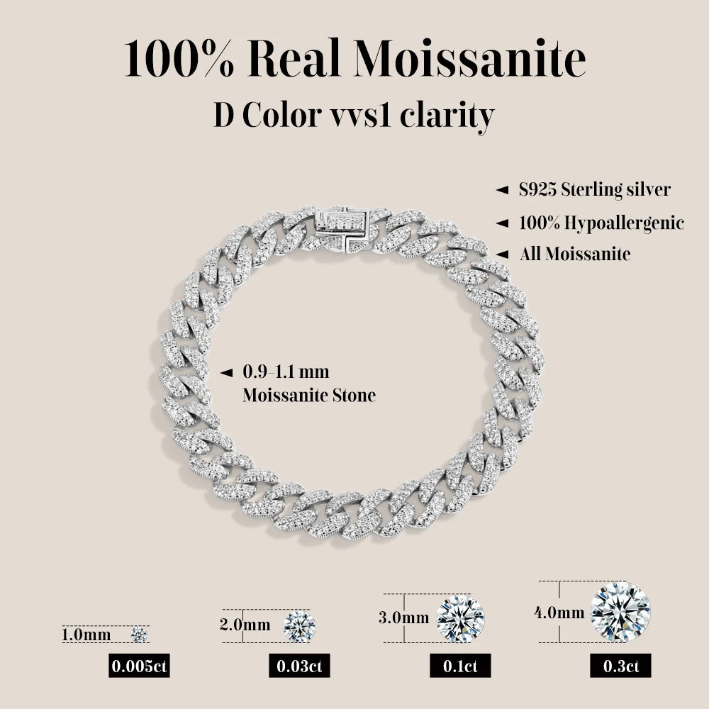ATTAGEMS Moissanite Cuban Chain Sterling Silver Bracelet