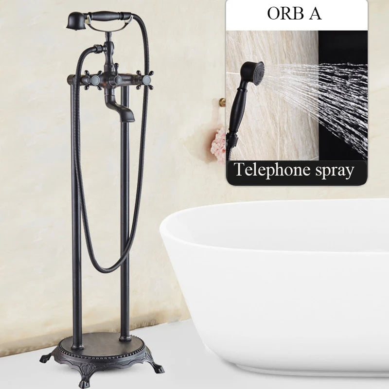 ALENARTWATER Brass Antique Bathroom Faucet Set With 360 Rotation Floor Stand Telephone Hand Shower