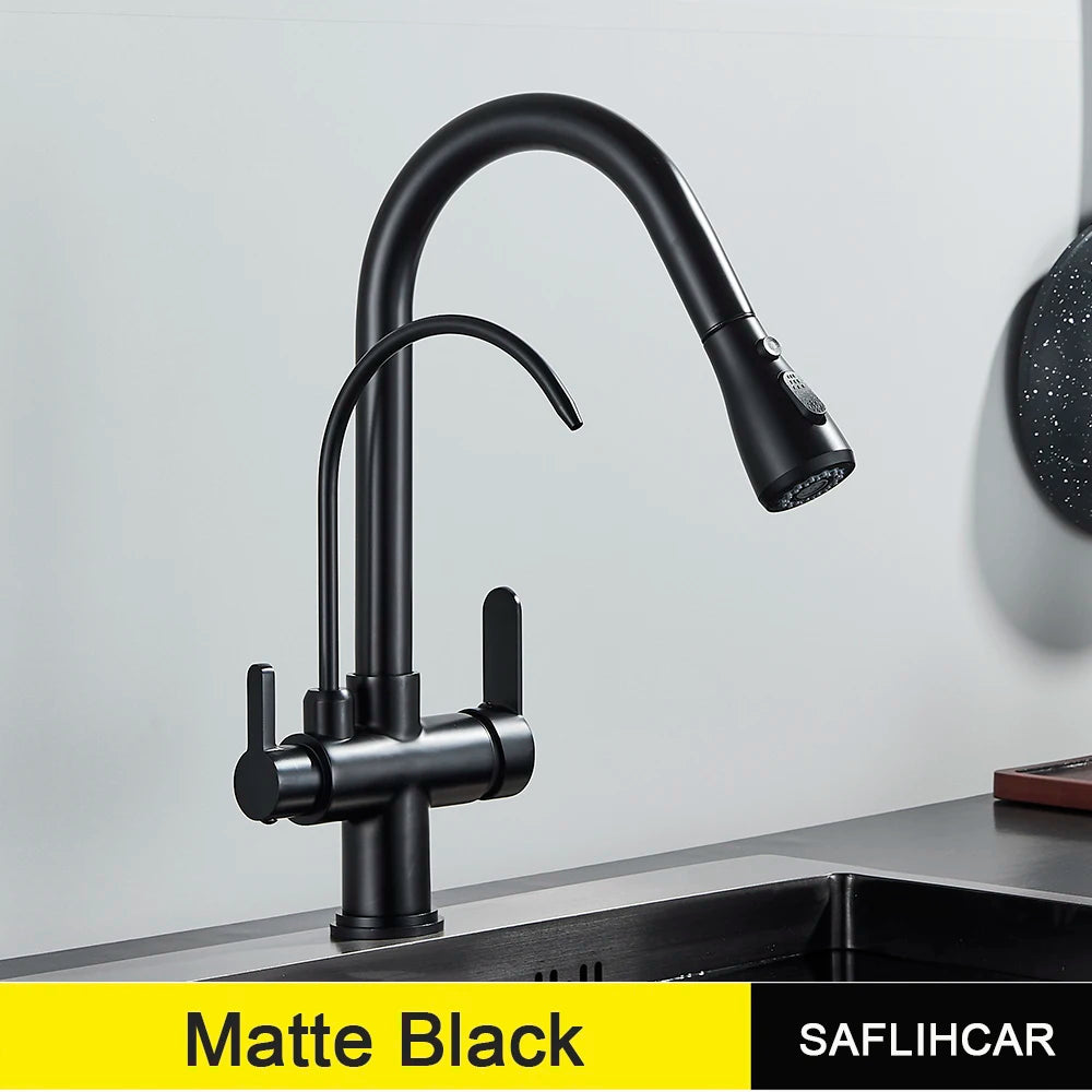 SAFLIHCAR Pull Out Dual Water Modes Kitchen Faucet With Cold And Hot Water Purification Deck Mounted Brass