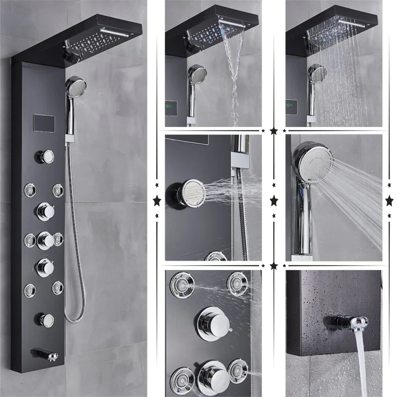 Uythner HighIntensityLED Shower Panel System With Rainfall Massage Temperature Display