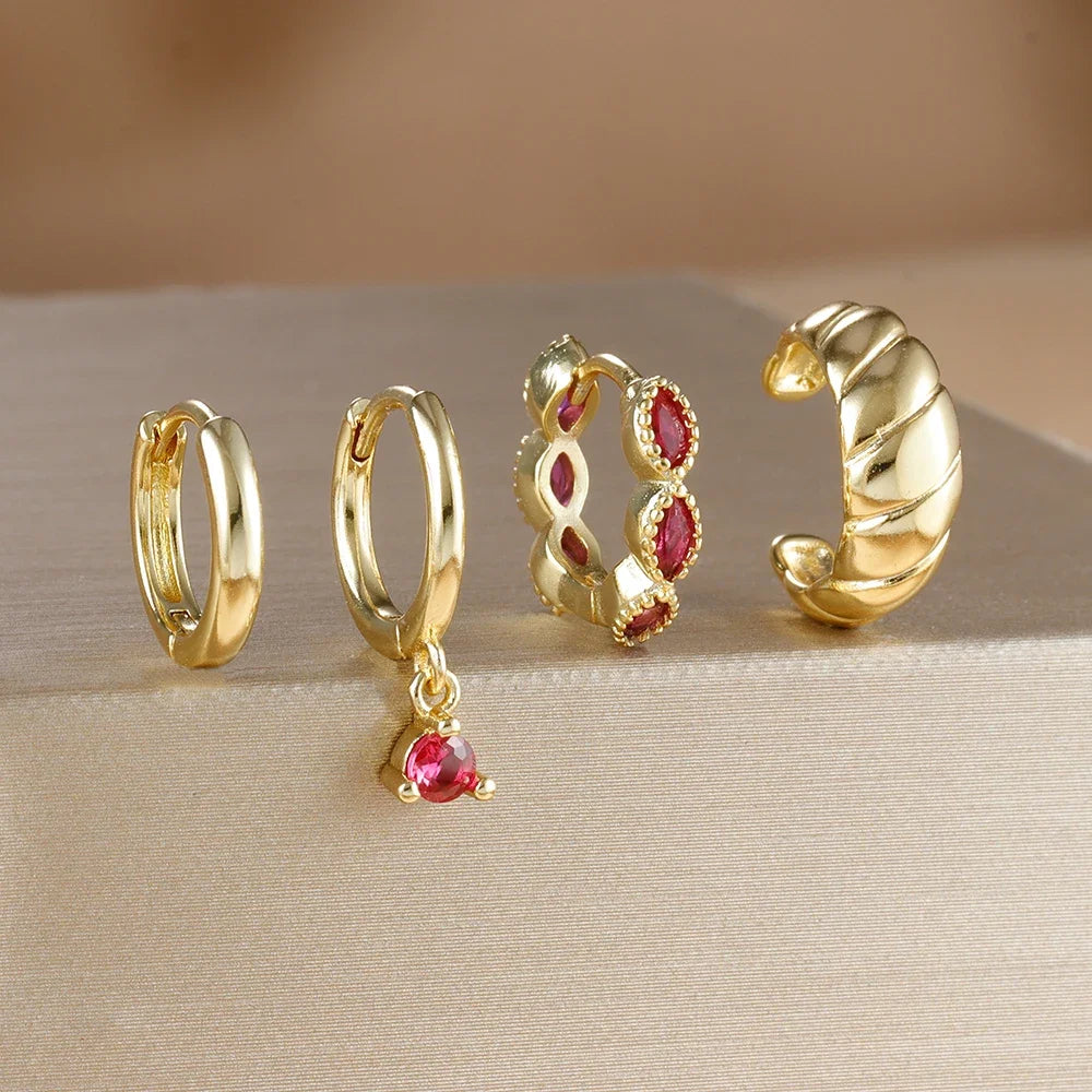 4PCS Rose Red Zircon Stainless Steel Hoop Earrings Set for Women Pendant Water Drop Earring Piercing Jewelry Gift
