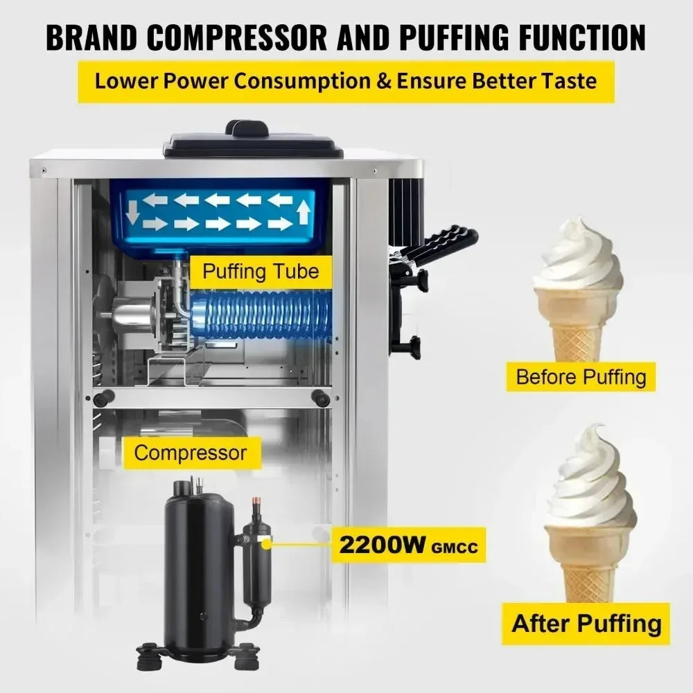 Sihao 2200W Ice Cream Machine 5.3-7.4Gal/H Soft Serve with LED Display Auto Clean 3 Flavors Sweet Cone Freezing Equipment