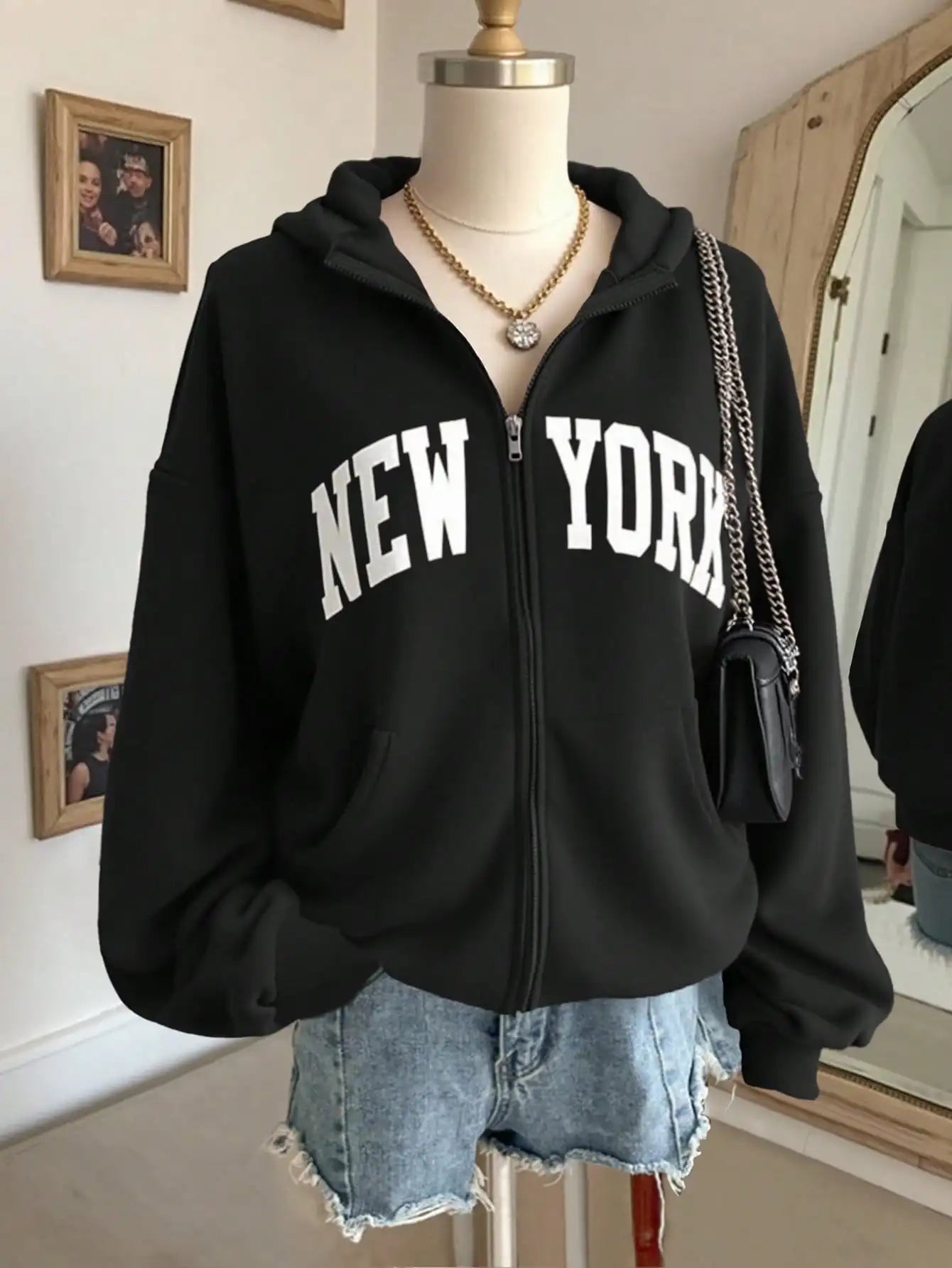 Women's Burgundy New York Letter Print Zip-Up Hoodie, Loose Fit Casual Sweatshirt