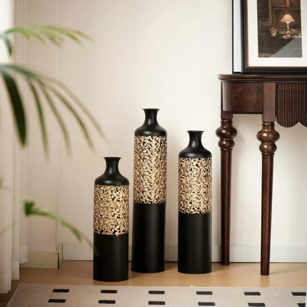 Metal Vase Set Of 3 Centerpiece Vases With Twigs And Dried Flowers For Living Room Decor
