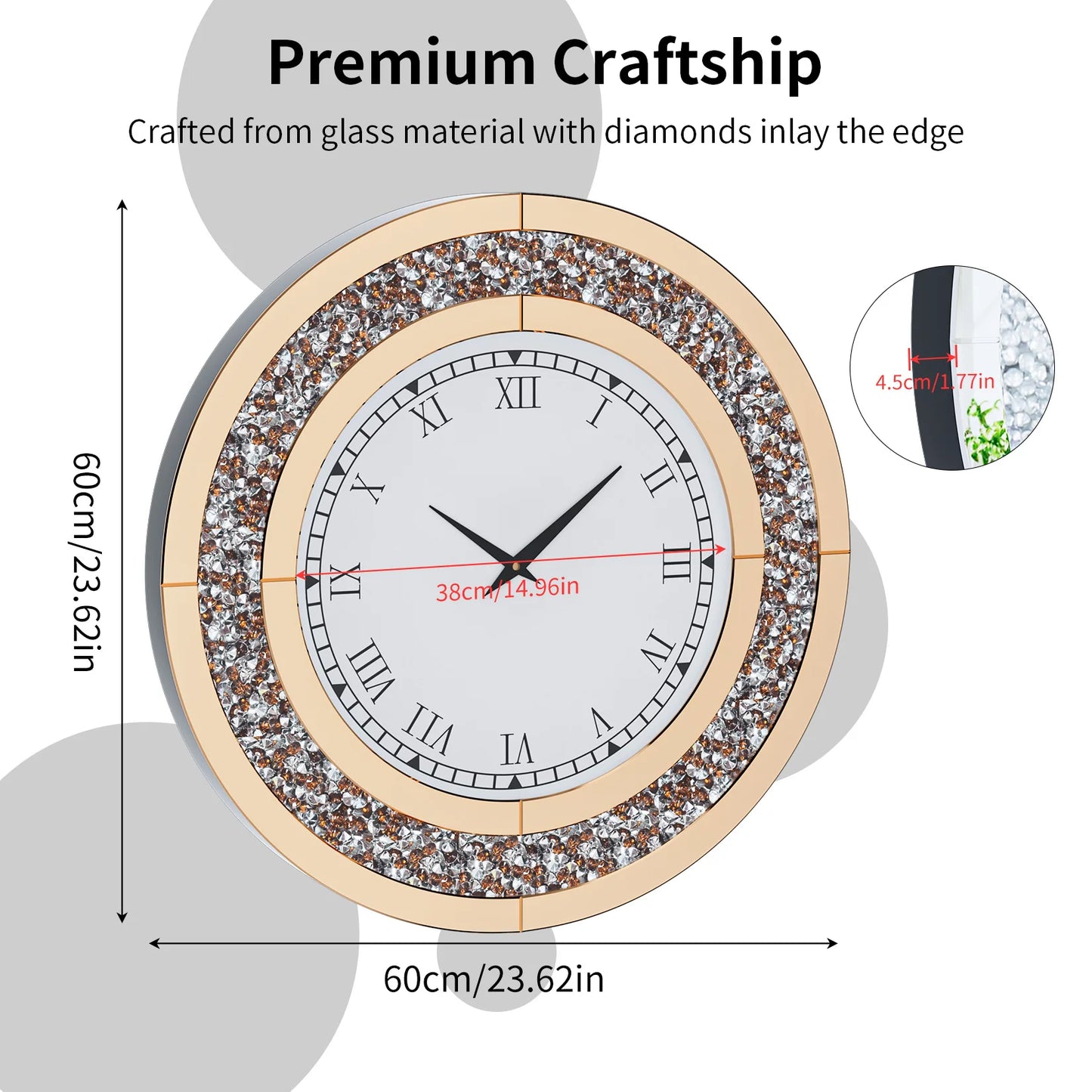 Glam Sparkle Mirrored Wall Clock for Home Decor With Shiny Mirror Finish Accent Detail