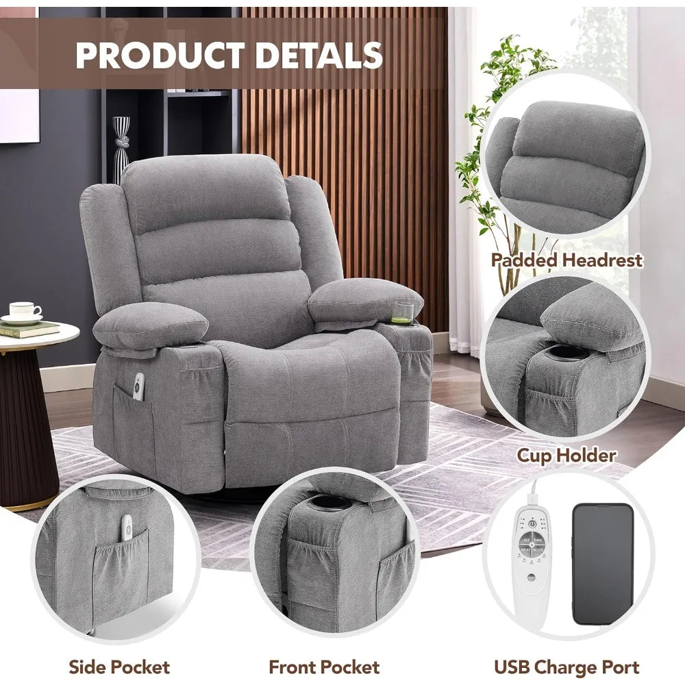Rocker Recliner Chair With Heat And Massage 360 Swivel