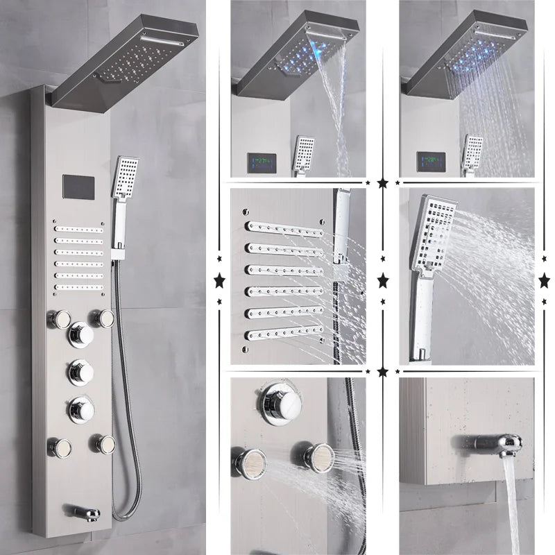 Uythner HighIntensityLED Shower Panel System With Rainfall Massage Temperature Display