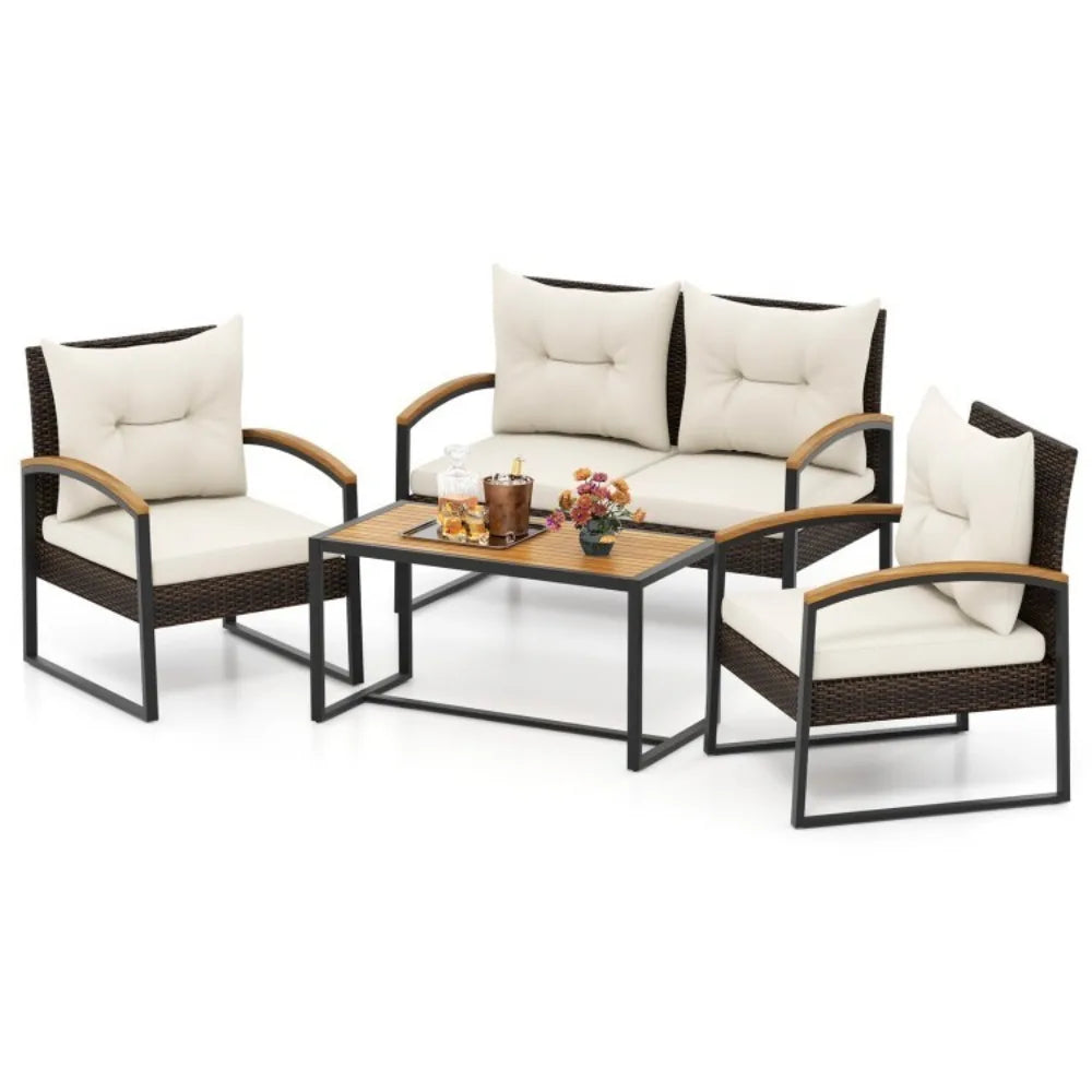 4PCS Patio Outdoor Furniture Rattan Conversation Sofa Set w/Tabletop & Cushions