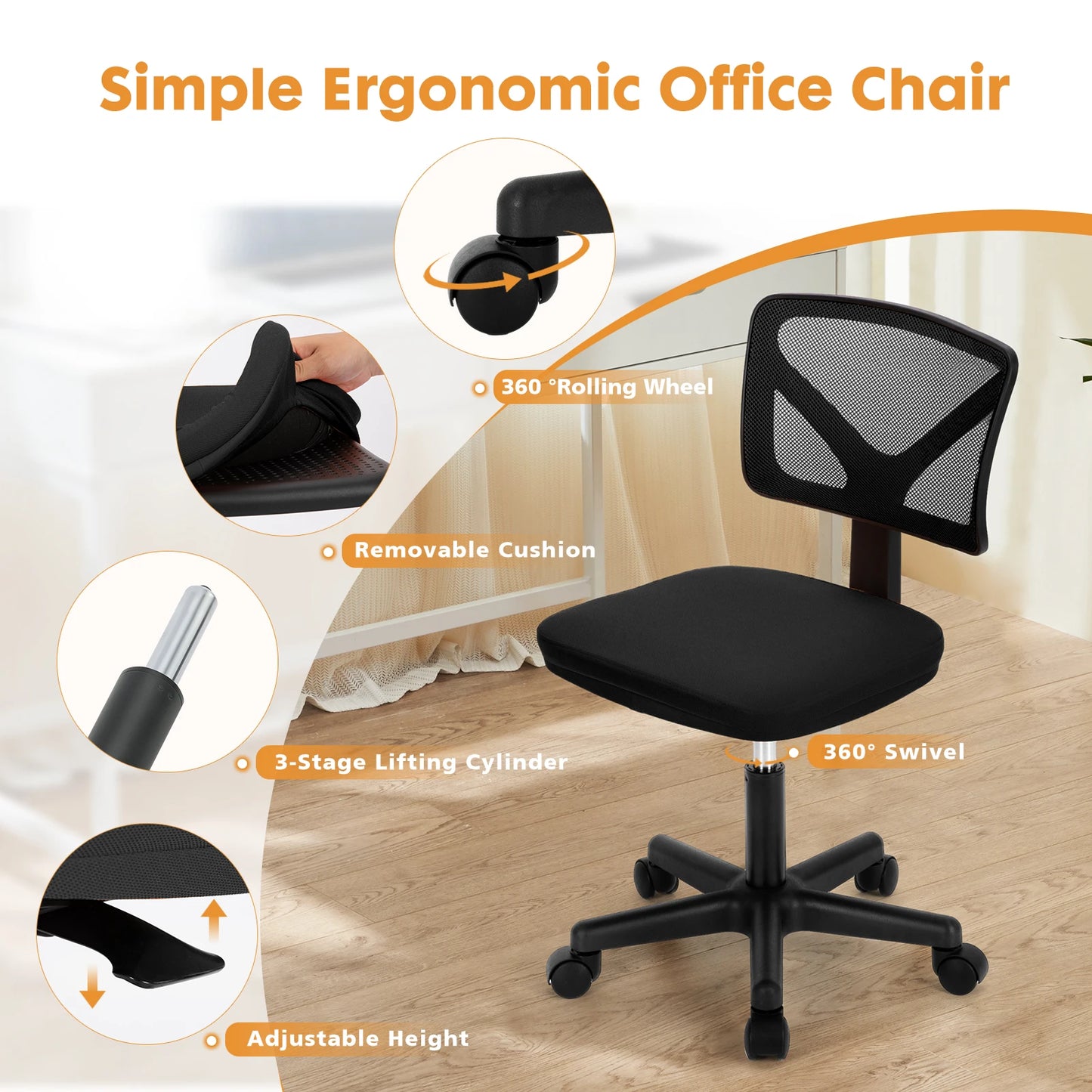 JHK Armless Mesh Office Chair With Lumbar Support 360 Swivel