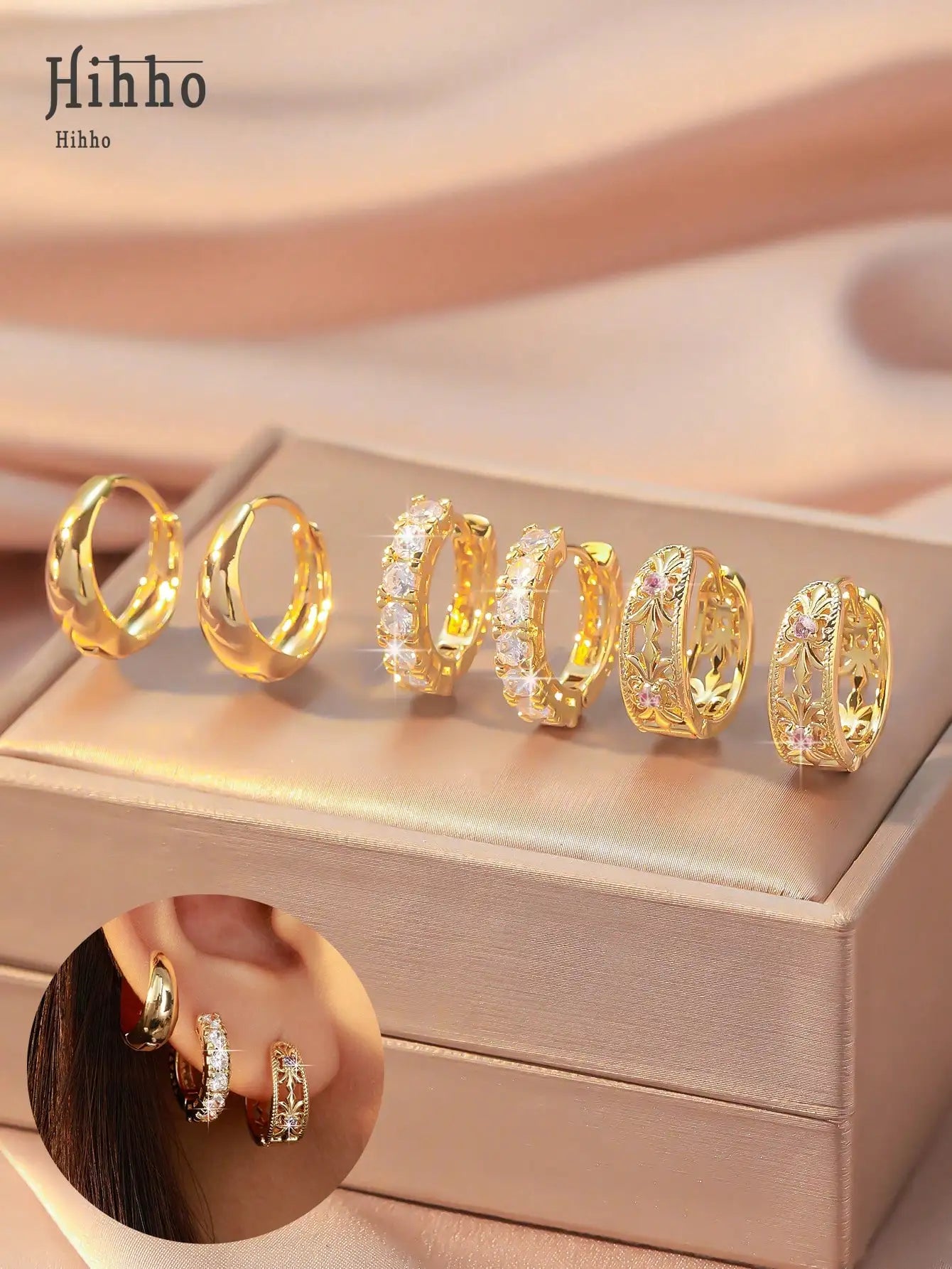 3 Pairs Gold Tone Hoop Earrings: Smooth, Zirconia-Embellished & Vintage Floral Cut-Out Designs