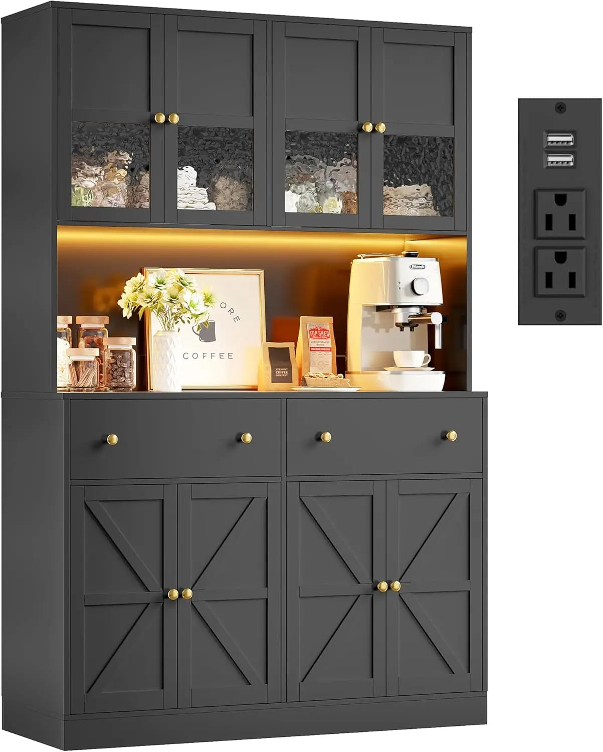 Farmhouse Pantry With LED Lighting Charging Station And Microwave Mount