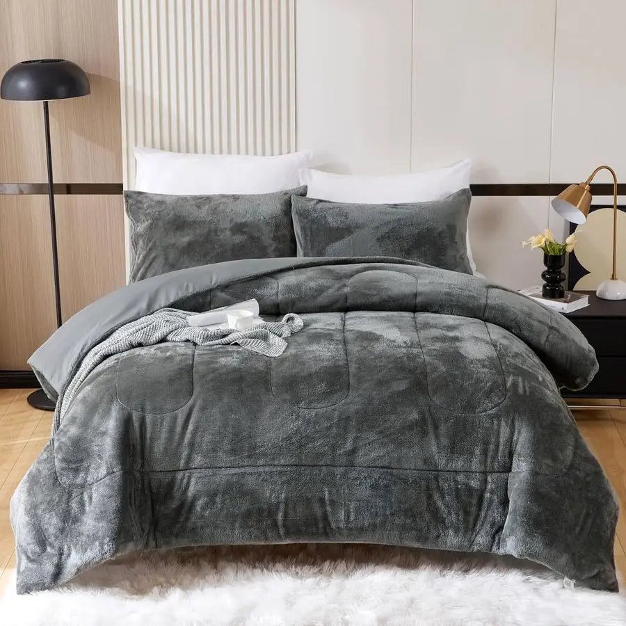 Faux Fur Comforter Set 100 Percent Cotton Ultra Soft Plush Bedding for Winter Cozy All Season