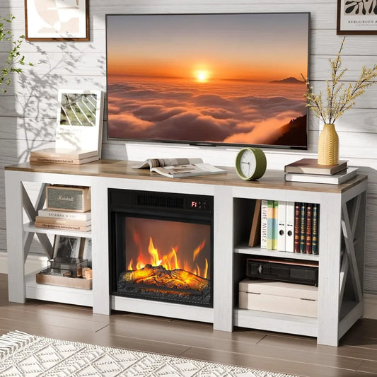 Farmhouse Fireplace Television Cabinetry With Electric Fireplace And Adjustable Shelves