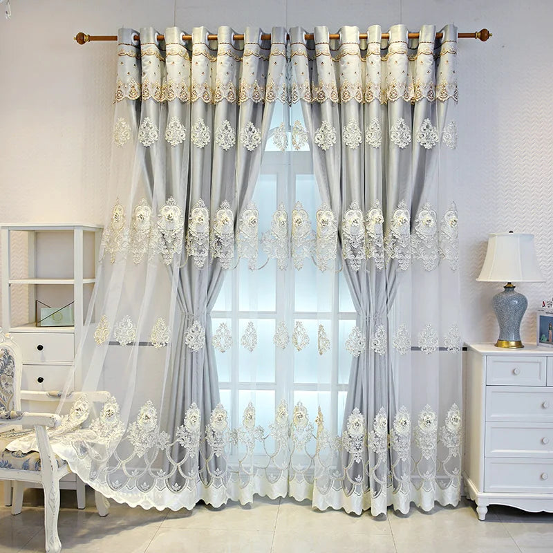 Double Layer Blackout Curtains With Embossed Base And 3D Embroidered Detailing In Polyester For Bedroom And Living Room