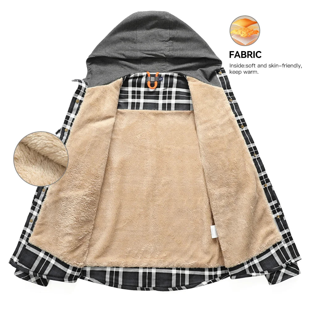 Fujian Men Winter Hooded Plaid Sherpa Lined Jacket