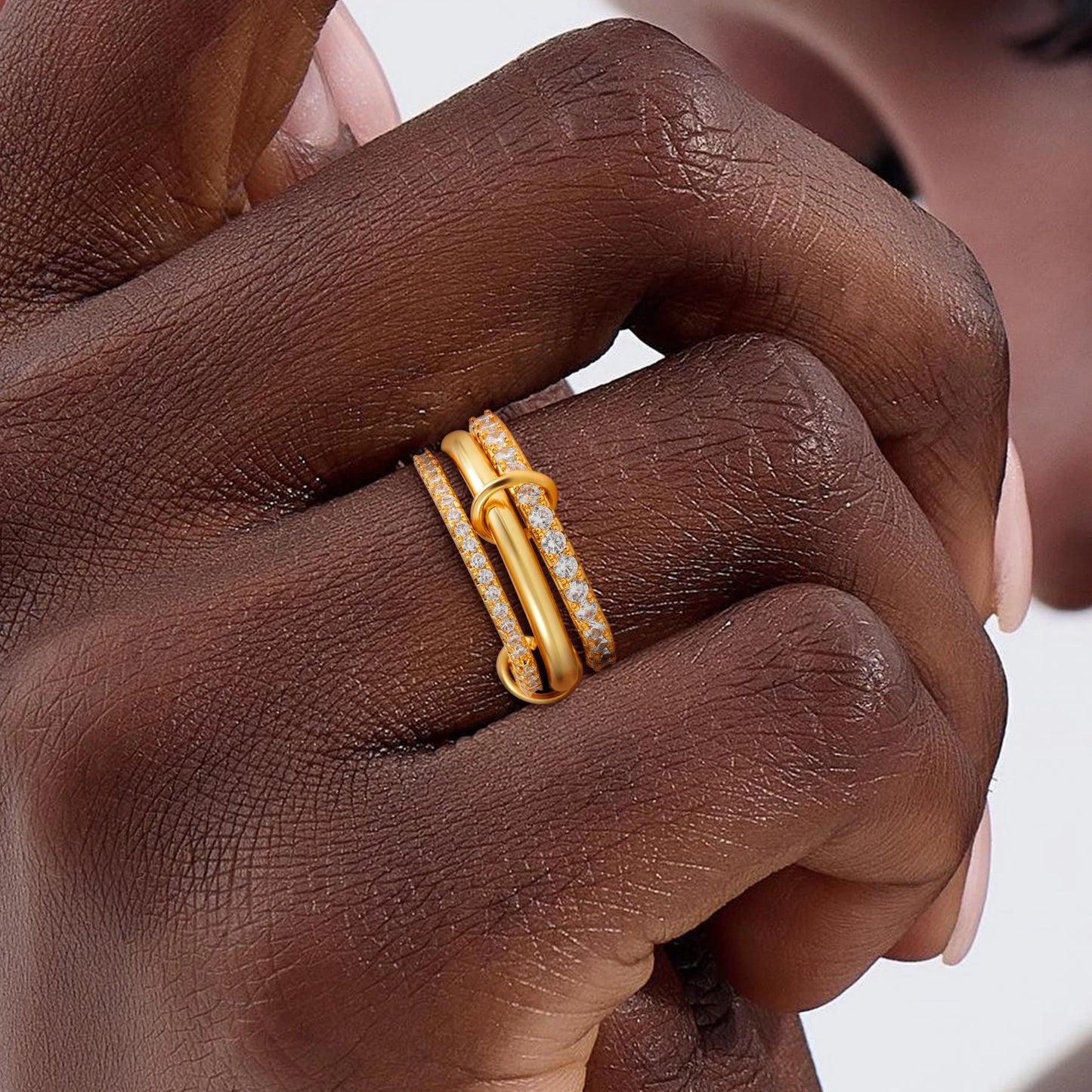 Fashion Luxury Cubic Zirconia Gold Plated Multilayer Connecting Rings Set for Women Mixed Color Stackable Finger Ring Jewelry fo