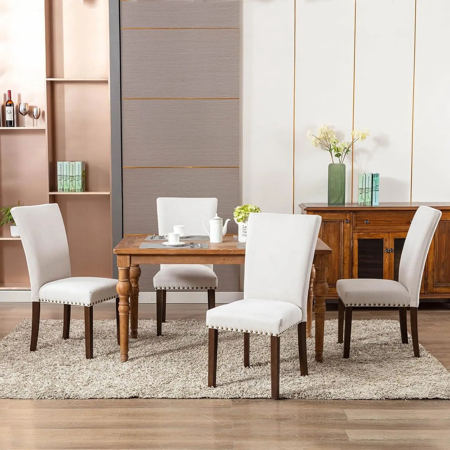 Upholstered Dining Chairs Set of 4, Parsons Style Linen Beige Accent Chairs with High Back, for Round Kitchen Table or Small Di