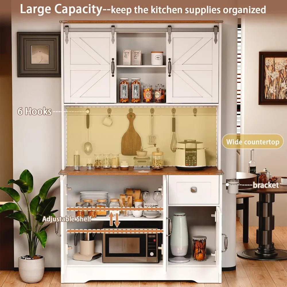 Pantry Cabinet With Charging Station And Microwave Stand Farmhouse Hutch